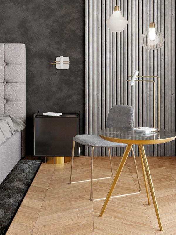 Tavolo FABULA, seduta SAPIENS, lampada da tavolo e applique FLEXUS, luce sospensione AURA