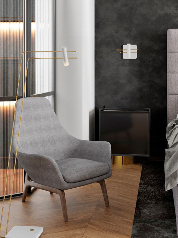 Seduta lounge DOMINUS, lampada da terra e applique FLEXUS