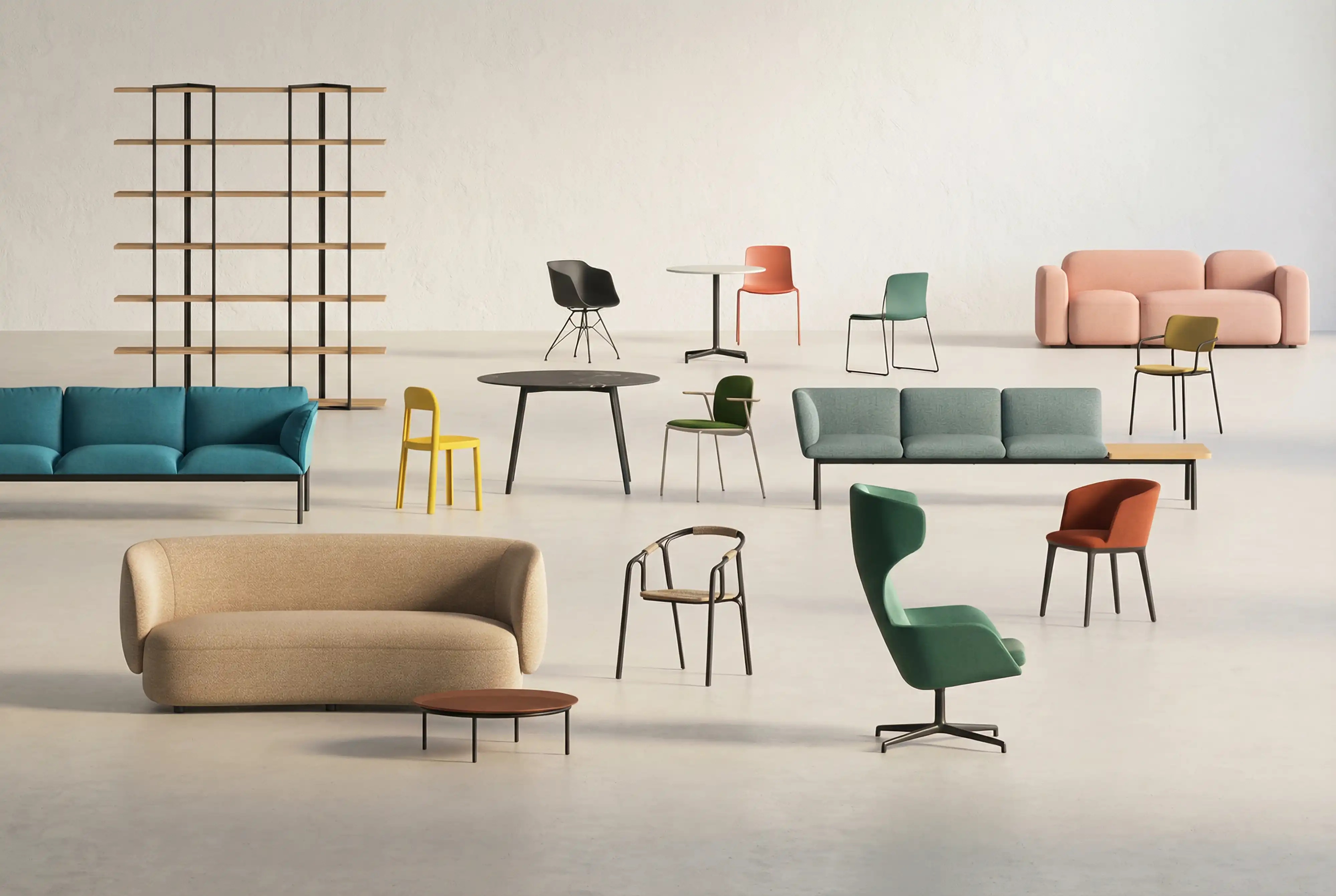 Composizione in stile moodboard con vari elementi d’arredo, sedute e complementi di design del brand.